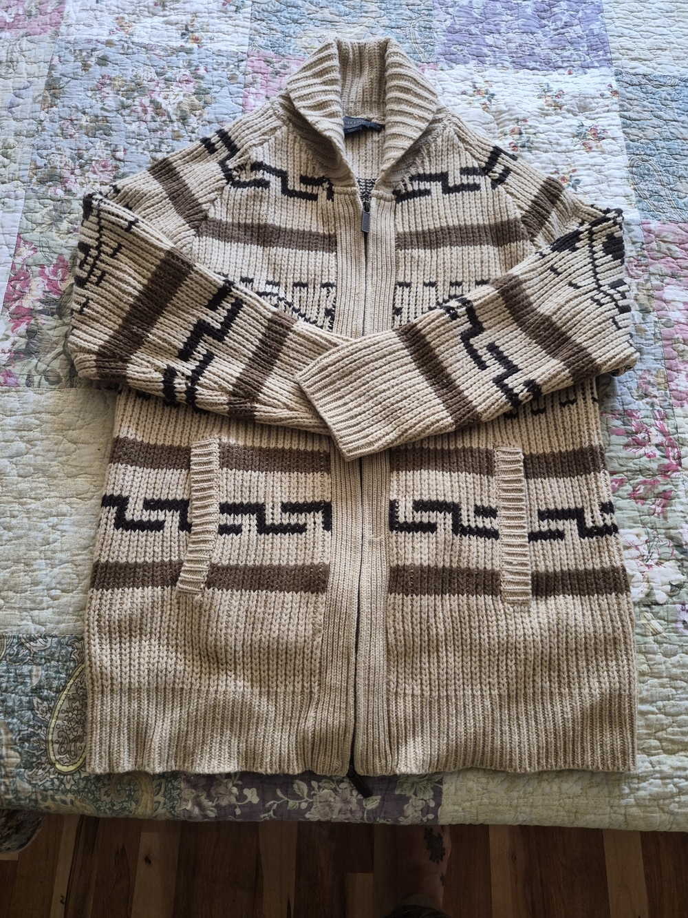 Pendleton Beige and Brown Geometric Zip-Up Sweater